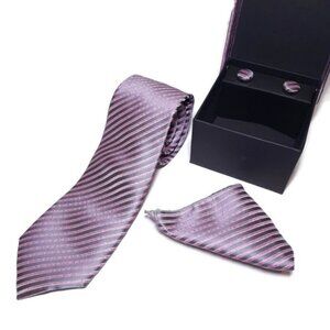 NEW 3 Pc Boxed Gift Tie Set Coordinated Print Cuff Links Pocket Square Pink Grey